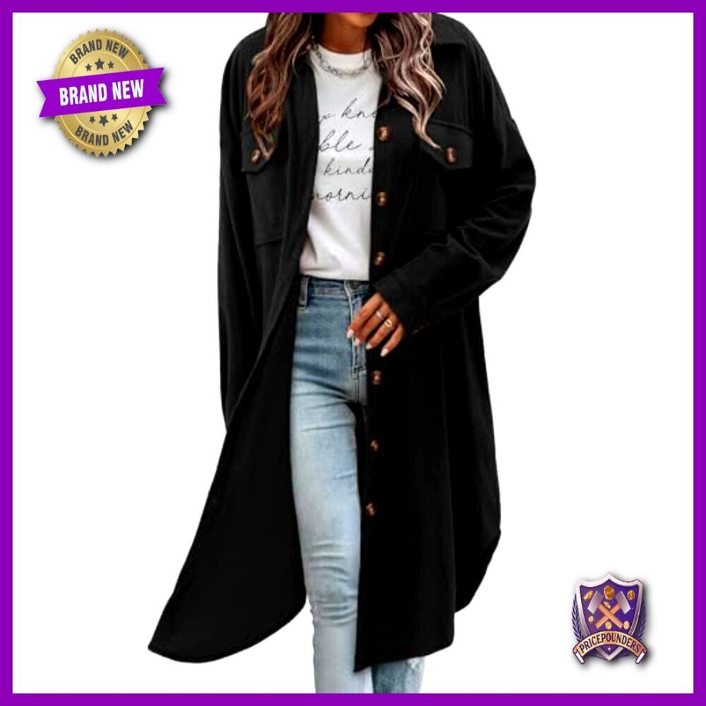 Oversized Corduroy Shacket Plaid Long Trench Coat Button Down Casual Chic - Picture 2 of 7